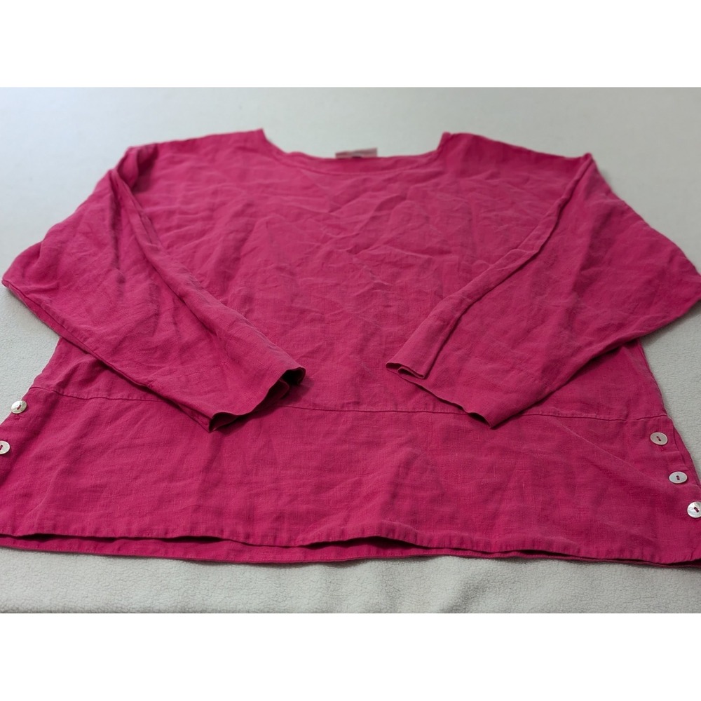 Bryn Walker Pink 100% Linen Boxy Lagenlook Side Button Blouse Top Women Lrg USA